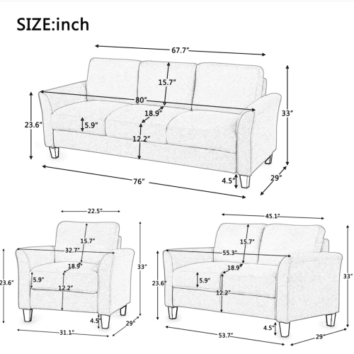 U-STYLE 3 Pieces Polyester Blend Upholstered Sofa Set, Including 1 Loveseat, 1 3-Seat Sofa, and 1 Armchair, for Living Room, Bedroom, Office, Apartment - Gray