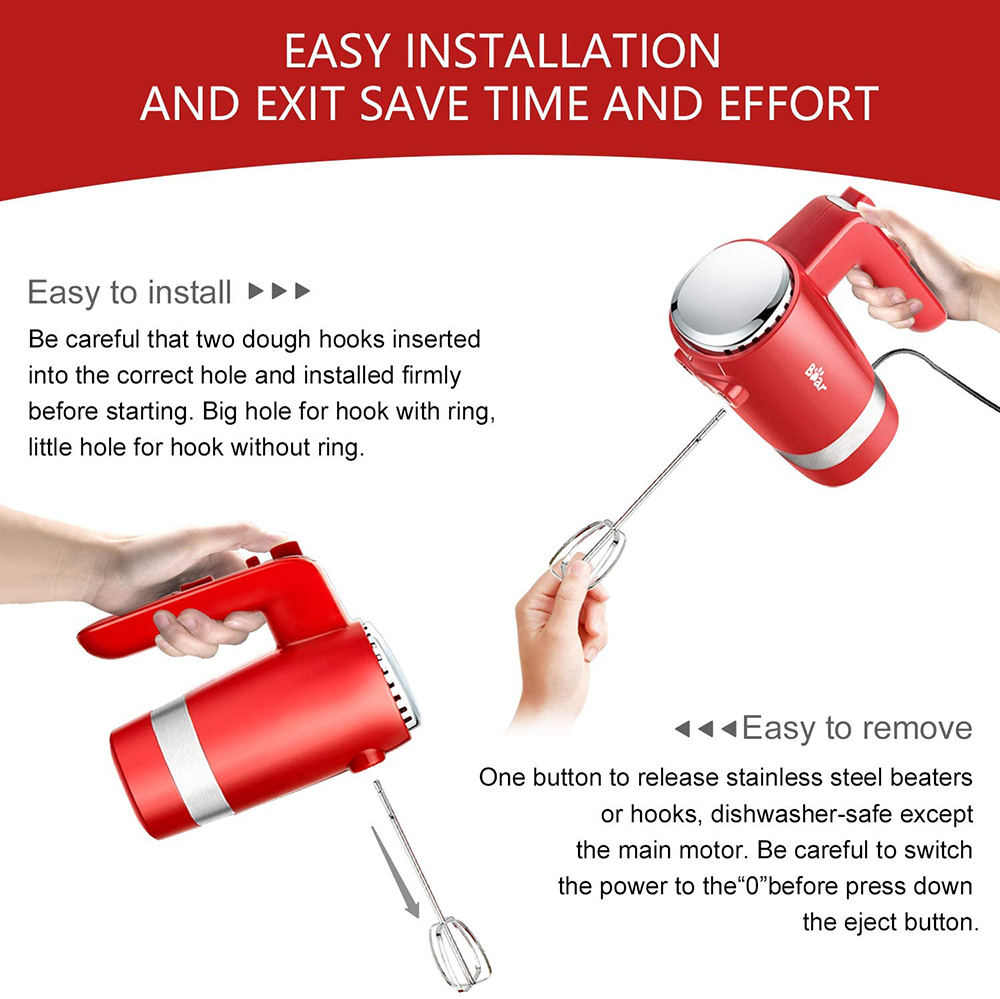 Handheld Electric Mixer 300W Power 5 Speeds Fast Heat Dissipation, Overheat Protection with Storage Base - Red