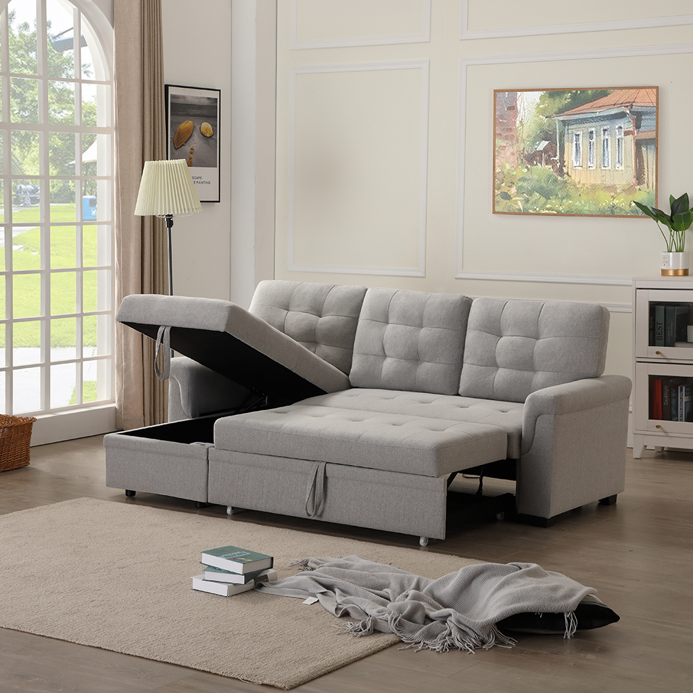 86" Upholstered Sectional Sofa Bed with Storage Chaise, Wooden Frame, and Plastic Legs, for Living Room, Bedroom, Office, Apartment - Gray