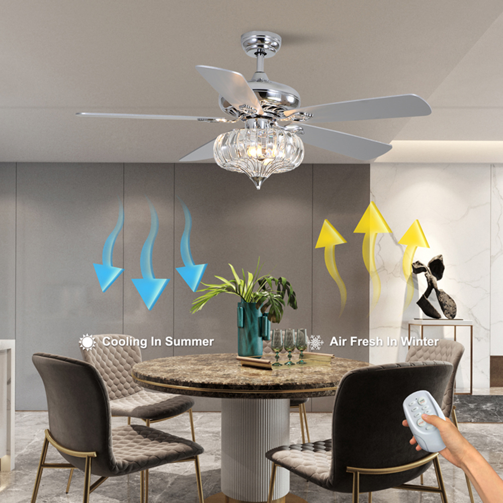 52" Metal Crystal Ceiling Fan Lamp with 5 Reversible Blades, and Remote Control, for Living Room, Bedroom, Corridor, Dining Room - Chrome