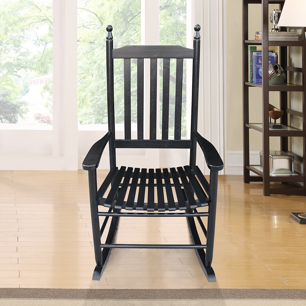 Wooden Rocking Chair with Armrests and Slats Support, for Garden, Terrace, Porch, Poolside, Beach - Black