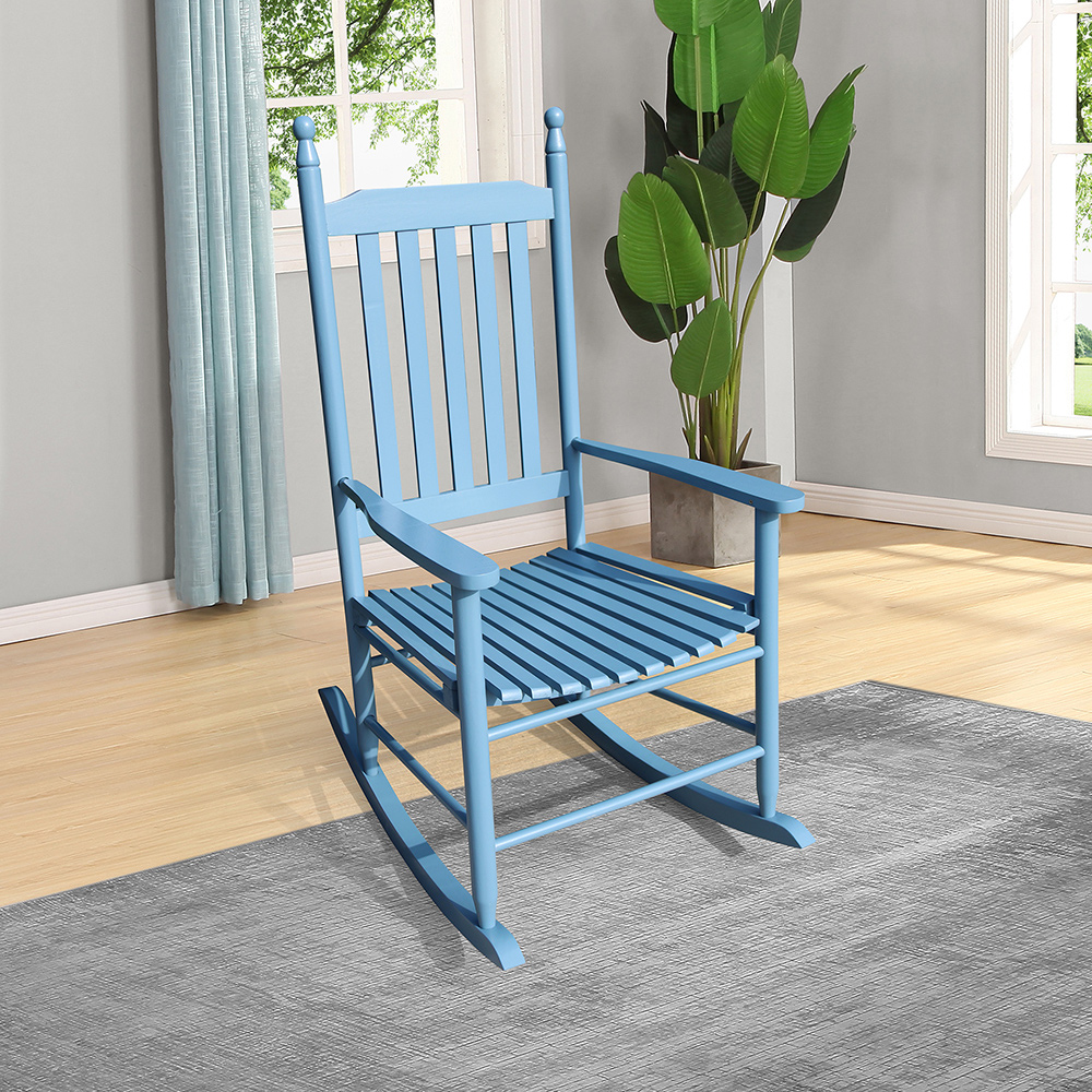 Wooden Rocking Chair with Armrests and Slats Support, for Garden, Terrace, Porch, Poolside, Beach - Blue
