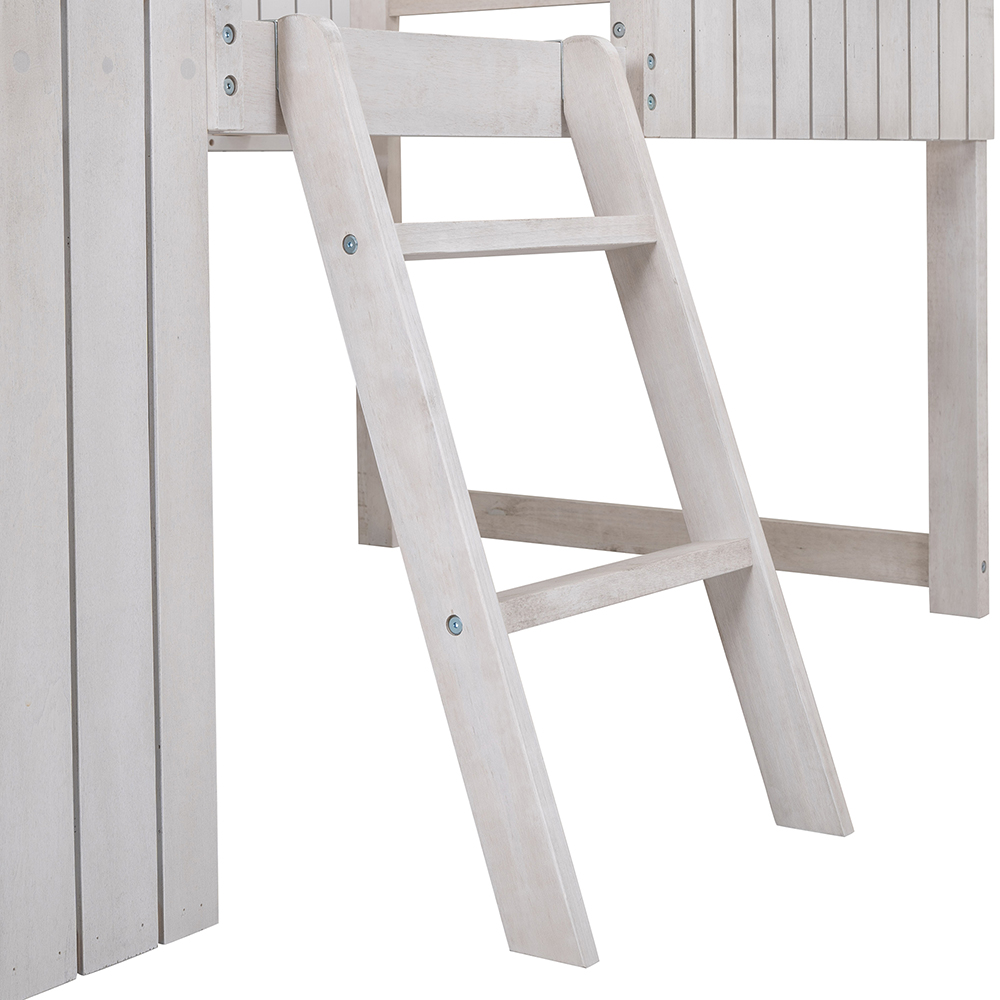 Twin-Size House-Shaped Loft Bed Frame with Ladder, and Wooden Slats Support, Space-saving Design, No Box Spring Needed - White