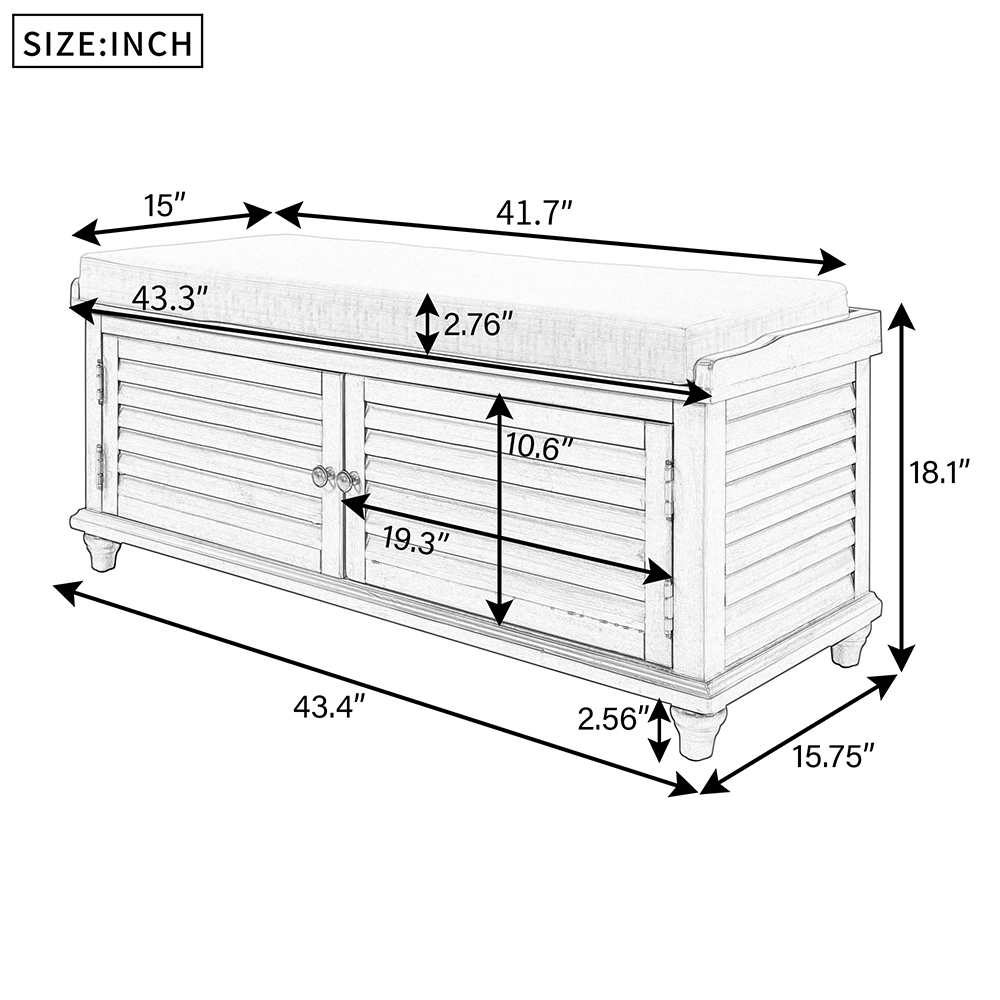 TREXM 43.4" Louver Design Upholstered Storage Bench with Removable Cushion, and Wooden Frame, for Entrance, Hallway, Bedroom, Living Room - White