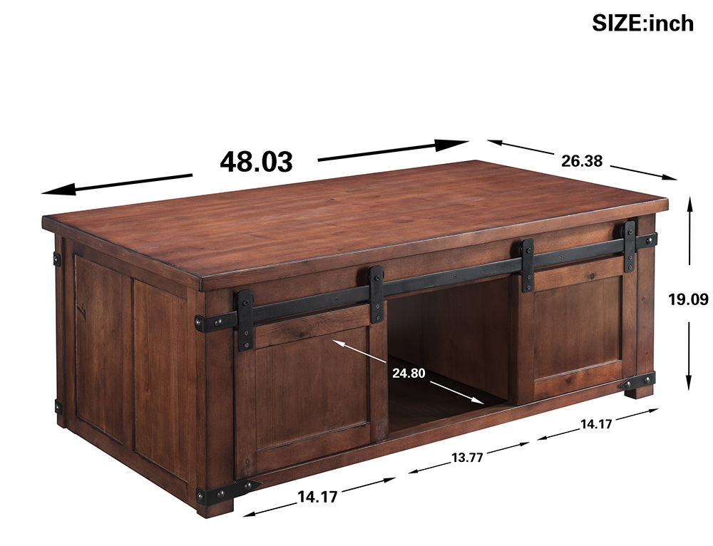 U-STYLE 48" Rectangle Wooden Coffee Table, with Sliding Doors, Storage Shelf and Cabinets, for Kitchen, Restaurant, Office, Living Room, Cafe - Brown