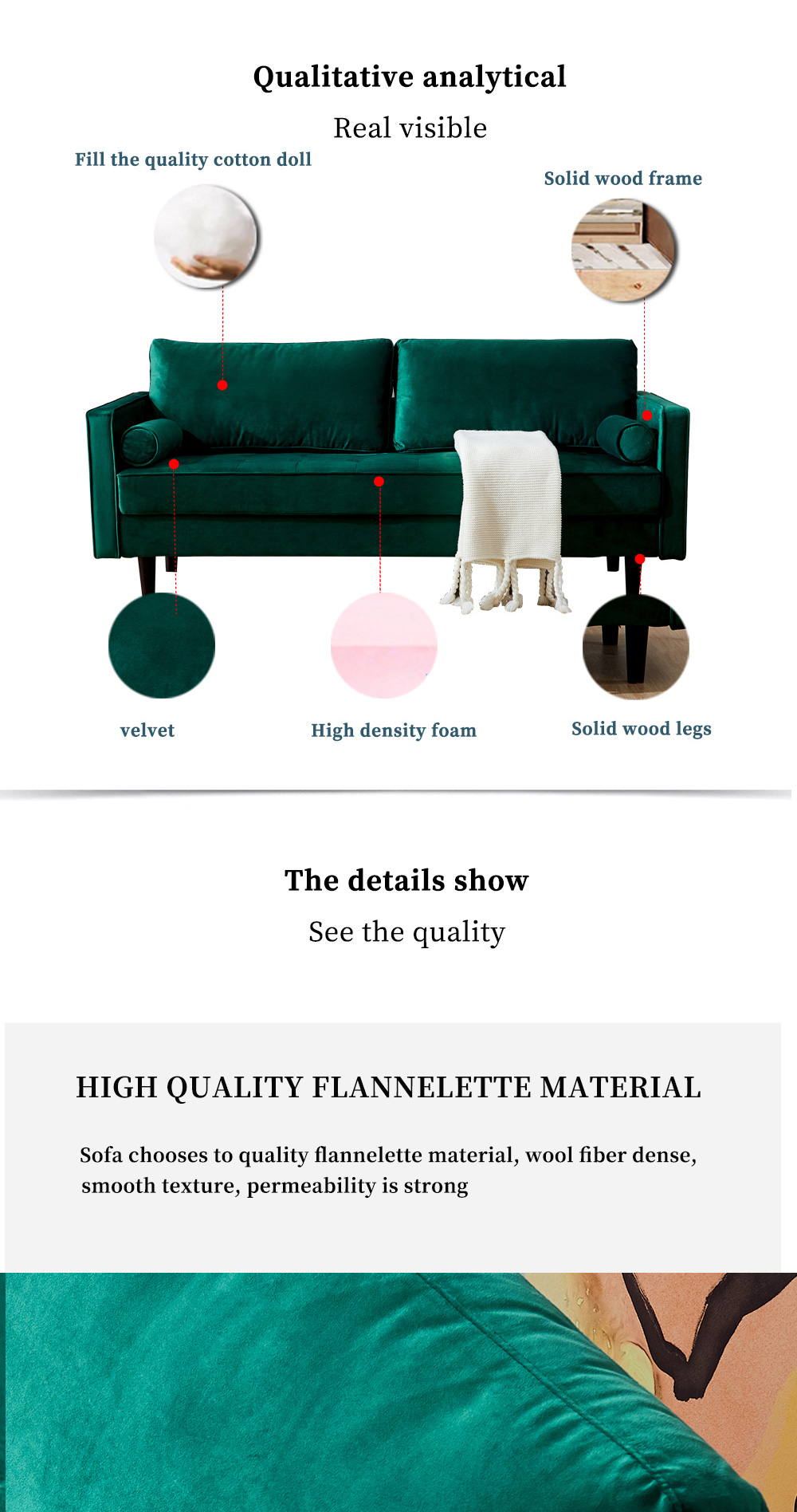 75.6" 3-Seat Velvet Fabric Upholstered Sofa with Armrests and Solid Wood Legs for Apartment, Office, Living Room, Bedroom - Emerald