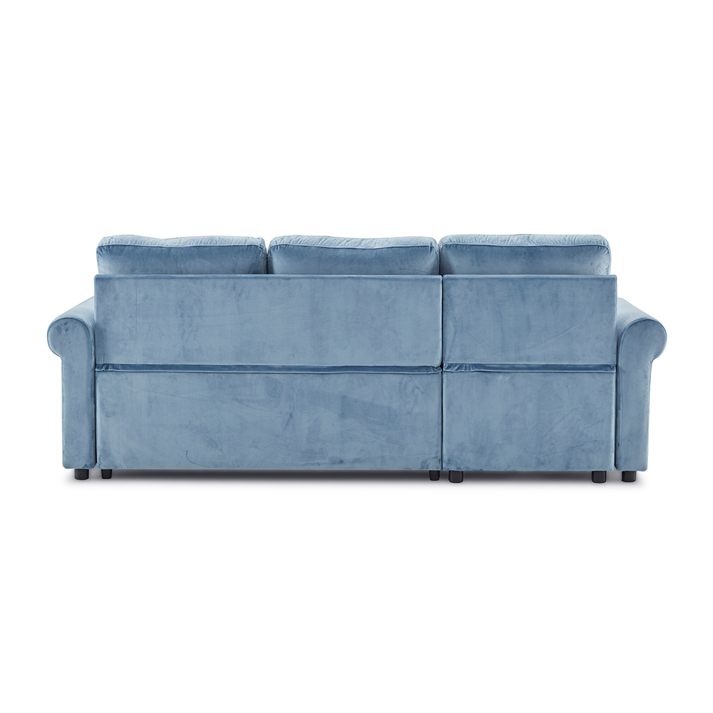Orisfur 83.46" Velvet Upholstered Sectional Sofa Bed with Storage Chaise, Wooden Frame, and Plastic Legs, for Living Room, Bedroom, Office, Apartment - Blue