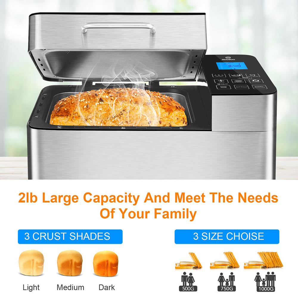 MOOSOO 25-in-1 Stainless Steel Bread Machine 2LB capacity, with Nonstick Ceramic Pot and Digital Touch Panel - Silver