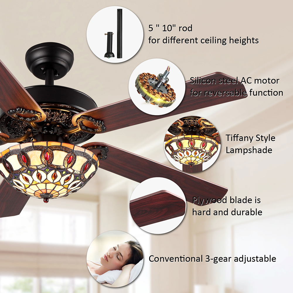 52" Metal Ceiling Fan Lamp with 5 Wood Blades, and Remote Control, for Living Room, Bedroom, Corridor, Dining Room - Black