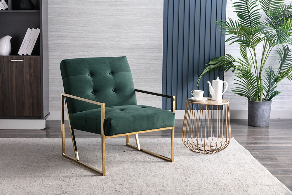 25" Velvet Upholstered Chair with Tufted Backrest and Metal Frame, for Living Room, Bedroom, Dining Room, Office - Green