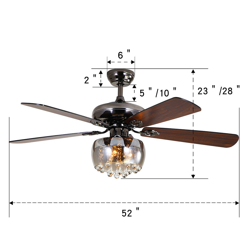 52" Metal Modern Crystal Ceiling Fan Lamp with 5 Reversible Wood Blades, and Remote Control, for Living Room, Bedroom, Corridor, Dining Room - Black