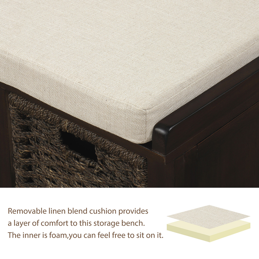 TREXM 43.7" Rustic Style Wooden Storage Bench with 3 Removable Rattan Basket, for Entrance, Hallway, Bedroom - Espresso