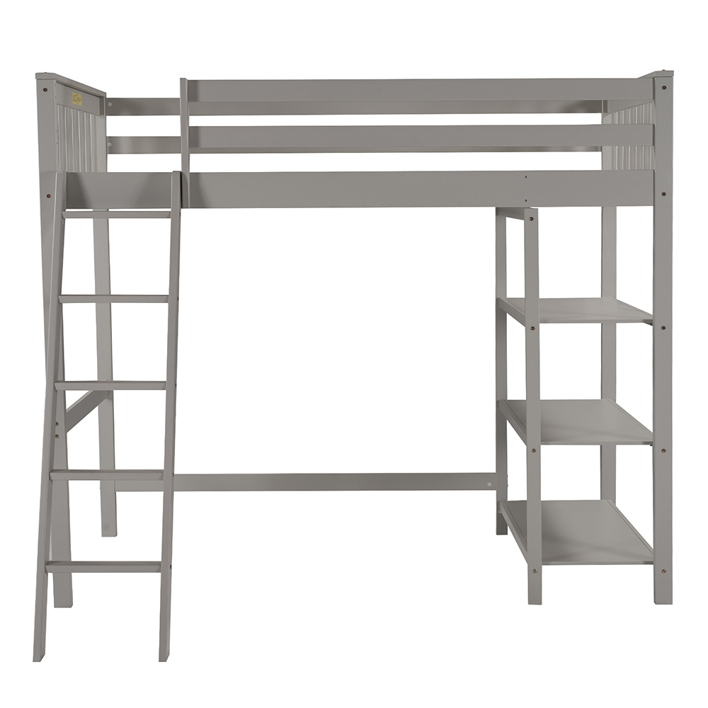Twin-Size Loft Bed Frame with Storage Shelves, and Wooden Slats Support, Space-saving Design, No Box Spring Needed - Gray