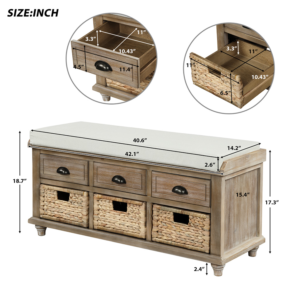 TREXM 42.1" Rustic Style Storage Bench with 3 Drawers, 3 Rattan Baskets, and Removable Cushion, for Entrance, Hallway, Bedroom, Living Room - White Washed