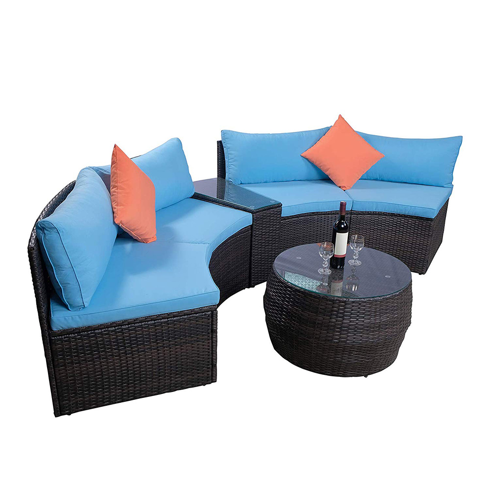 TOPMAX 4 Pieces Outdoor Rattan Furniture Set, Including 2 2-seat Sofas, Tempered Glass Side Table, Round Coffee Table, 2 Pillows, and 6 Cushions, for Garden, Terrace, Porch, Poolside - Blue