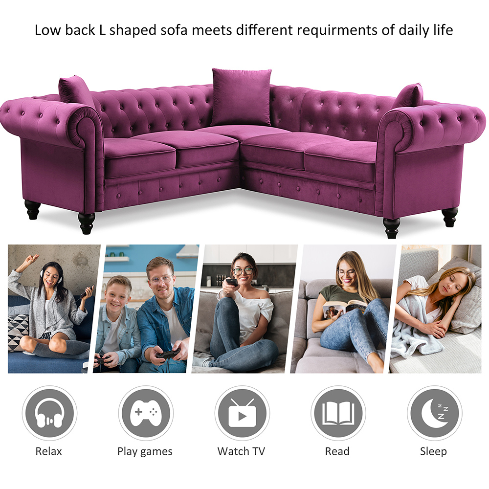 80" 5-Seat Velvet Tufted Upholstered L-shaped Sofa with 3 Pillows, and Wooden Frame, for Living Room, Bedroom, Office, Apartment - Purple