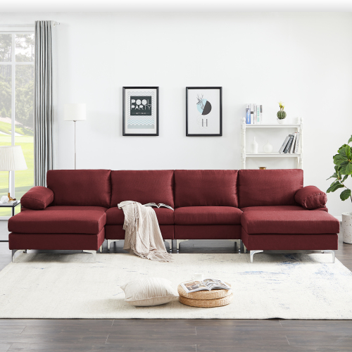 132" 6-Seat Linen Upholstered Sectional Sofa with Ottoman, Wooden Frame, and Metal Legs, for Living Room, Bedroom, Office, Apartment - Red