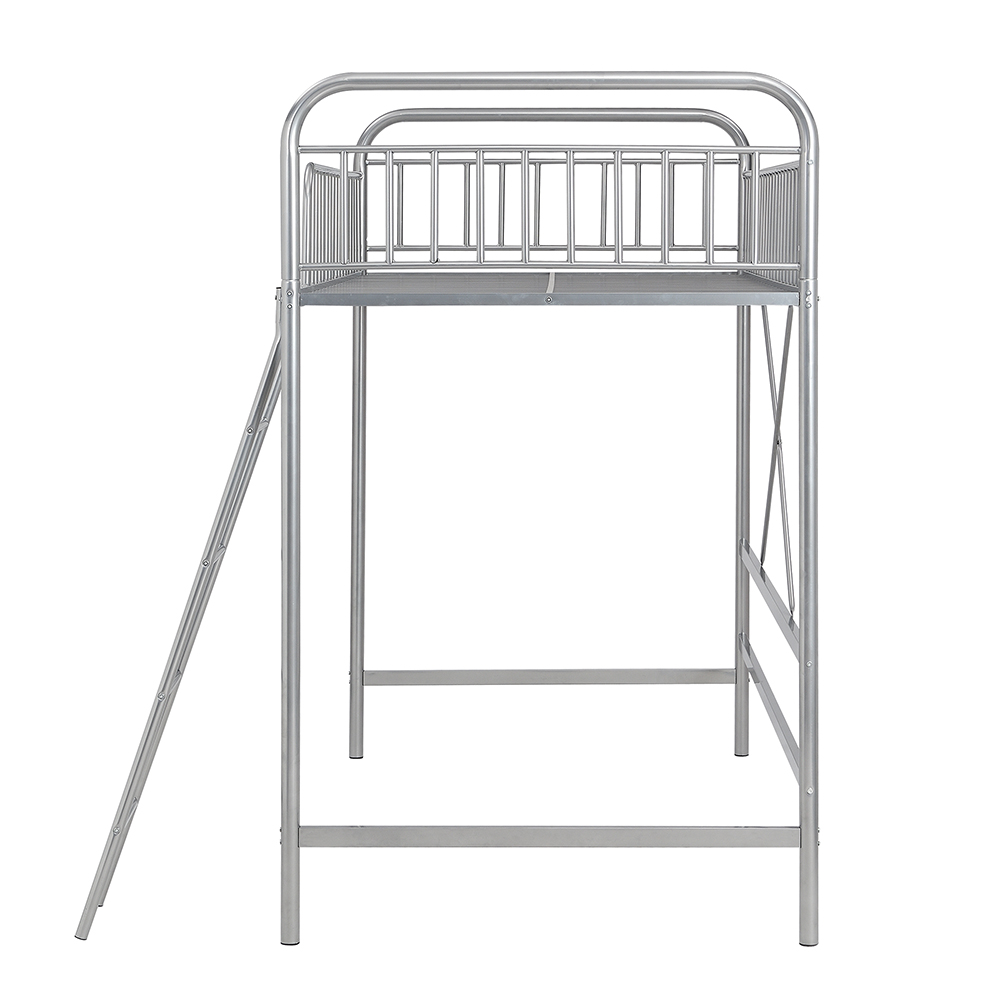 Twin-Size Loft Bed Frame with Full-length Guardrail, Ladder, and Steel Slats Support, Space-saving Design, No Box Spring Needed - Silver
