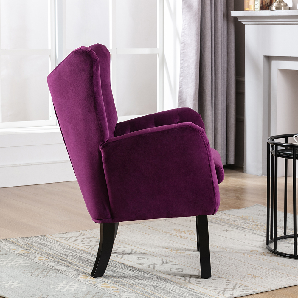 Velvet Tufted Upholstered Chair with Curved Backrest and Wooden Legs, for Living Room, Bedroom, Dining Room, Office - Purple