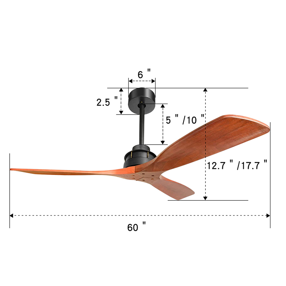 60" Metal Ceiling Fan Lamp with 3 Wooden Blades, and Remote Control, for Living Room, Bedroom, Corridor, Dining Room - Black + Red