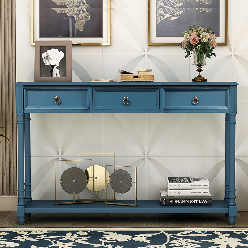 TREXM 51'' Console Table with 3 Storage Drawers, and Bottom Shelf, for Entrance, Hallway, Dining Room, Kitchen - Navy