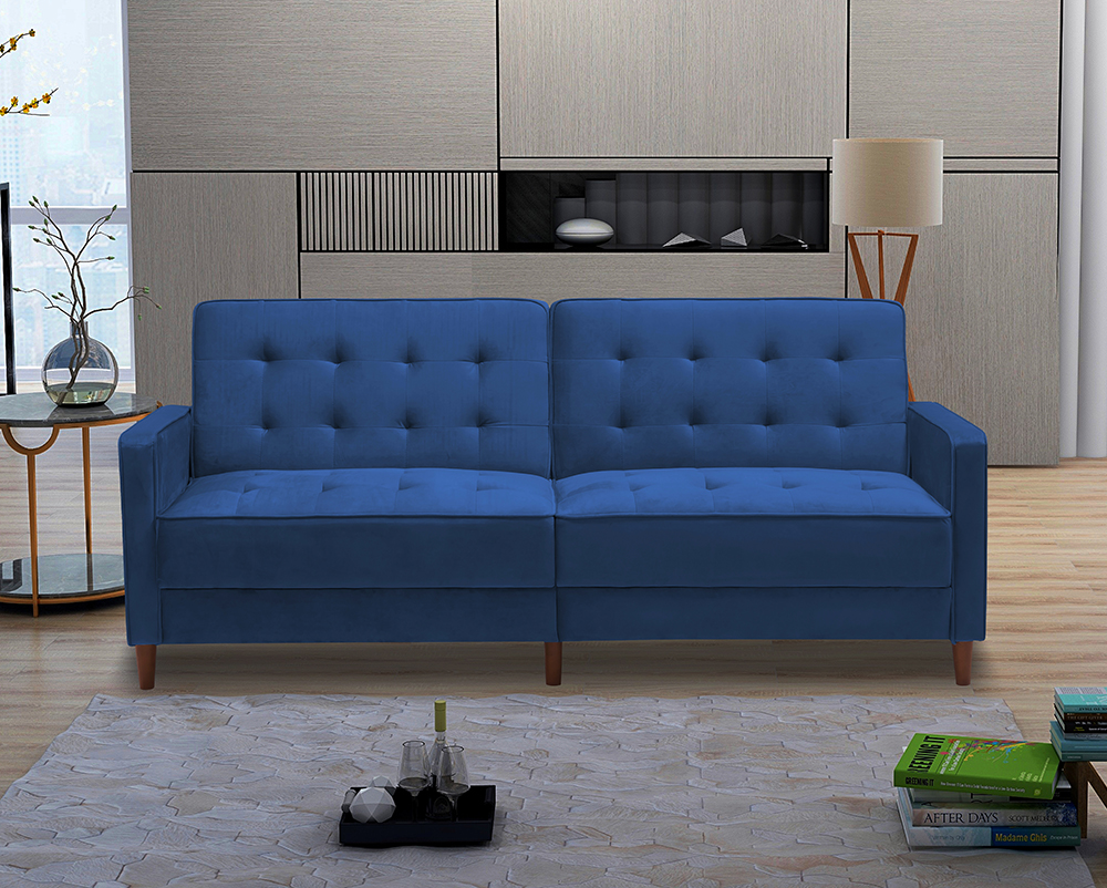 78" Velvet Fabric Upholstered Sofa Bed with Square Armrests and Adjustable Backrest for Living Room, Bedroom, Office, Apartment - Blue