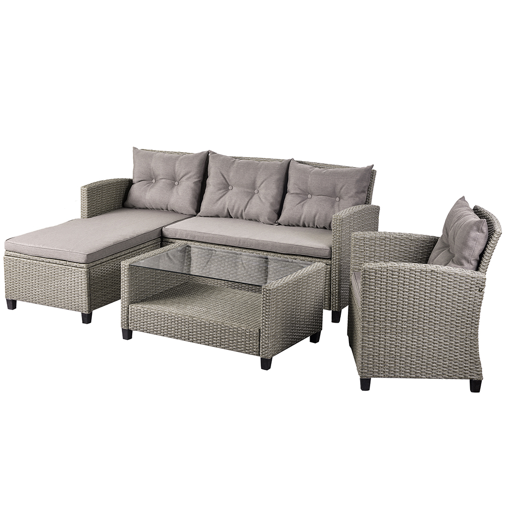 U-STYLE 4 Pieces Outdoor Ratten Furniture Set, Including 2-Seat Sofa, Lounge Sofa, Armchair, and Coffee Table, for Garden, Terrace, Porch, Poolside, Beach - Gray