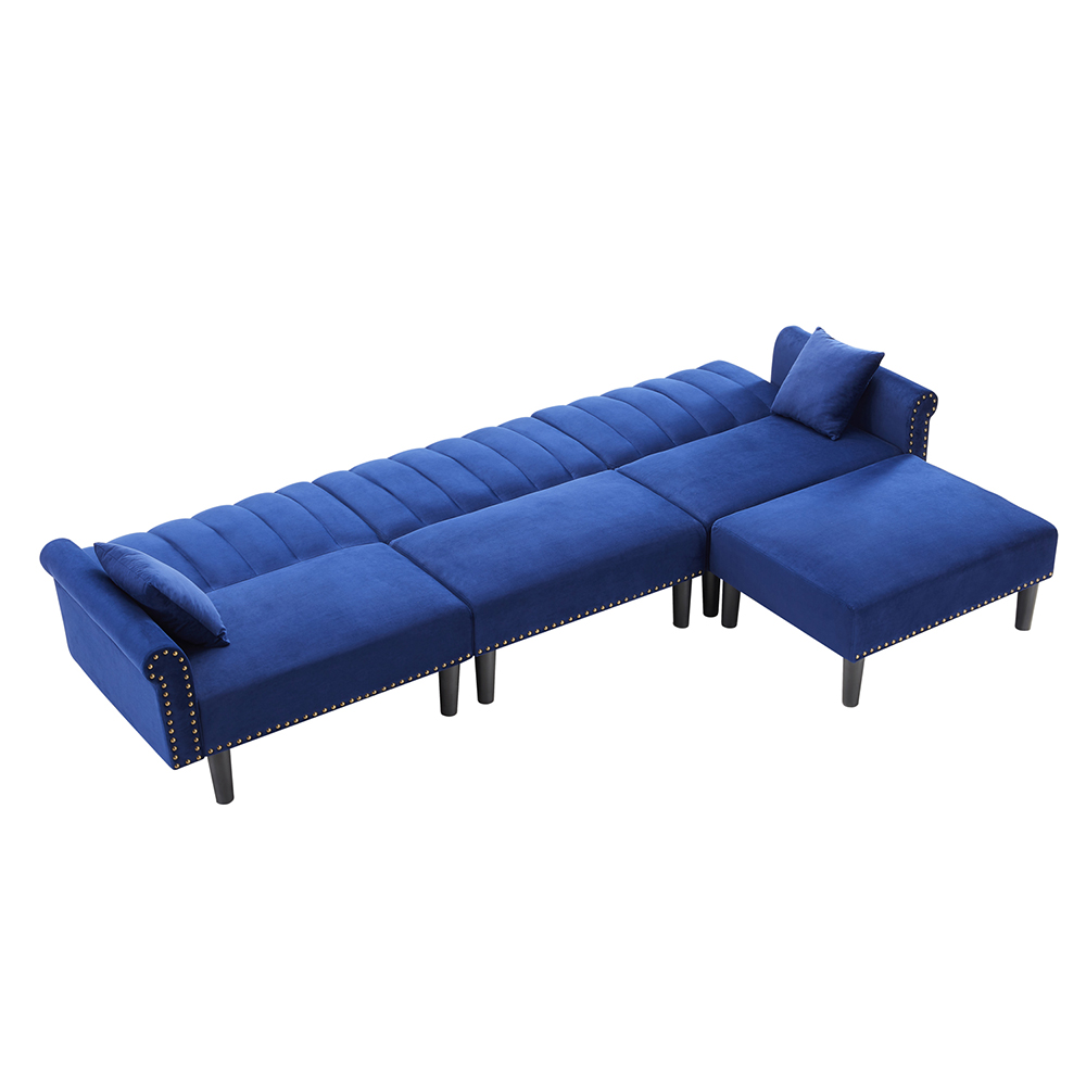 118" Microfiber Upholstered Sofa Bed with Chaise, and Wooden Frame, for Living Room, Bedroom, Office, Apartment - Navy