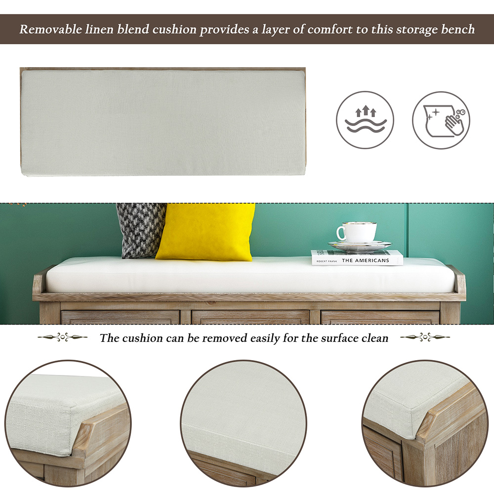 TREXM 42.1" Rustic Style Storage Bench with 3 Drawers, 3 Rattan Baskets, and Removable Cushion, for Entrance, Hallway, Bedroom, Living Room - White Washed