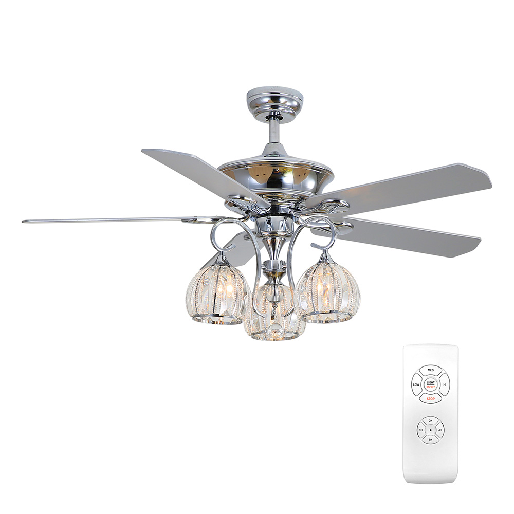 52" Metal Ceiling Fan Lamp with 5 Plywood Blades, and Remote Control, for Living Room, Bedroom, Corridor, Dining Room - Chrome