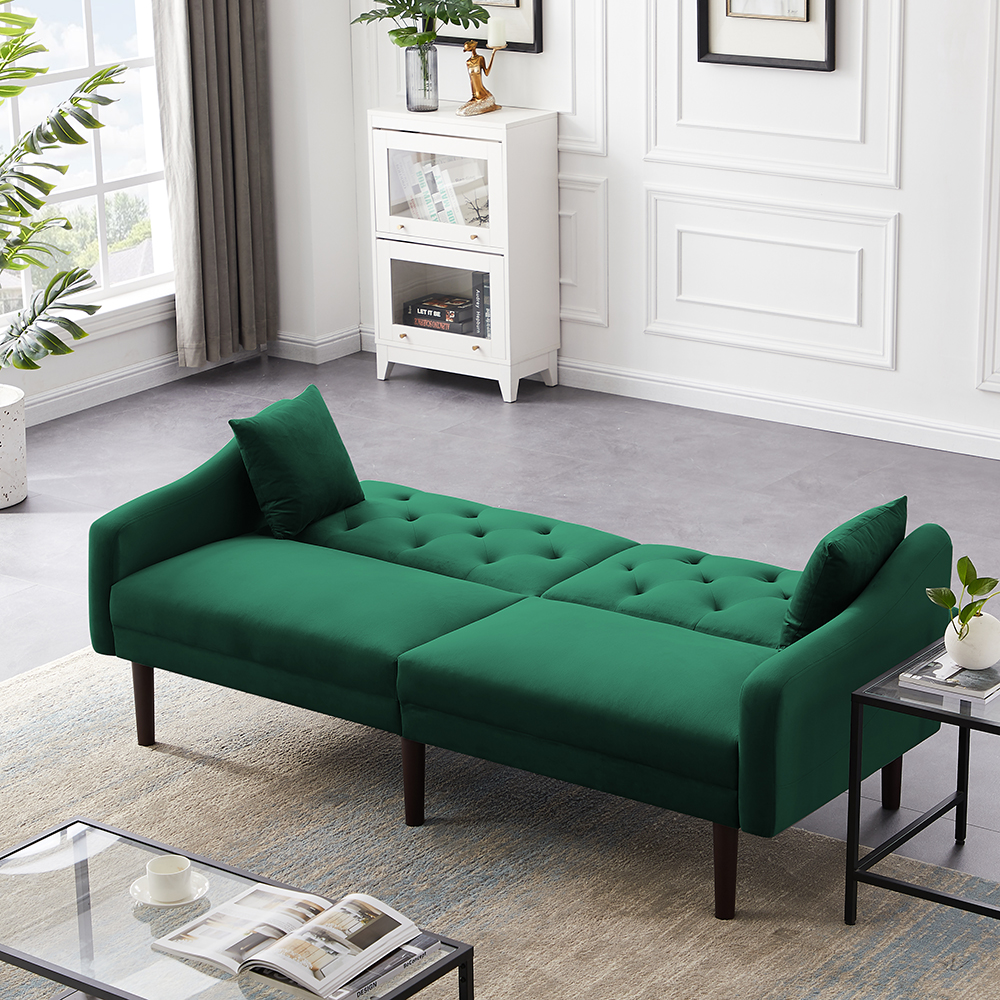 74.8" Velvet Upholstered Sofa Bed with 2 Pillows, Tufted Backrest, and Rubber Wood Legs, for Living Room, Bedroom, Office, Apartment - Green