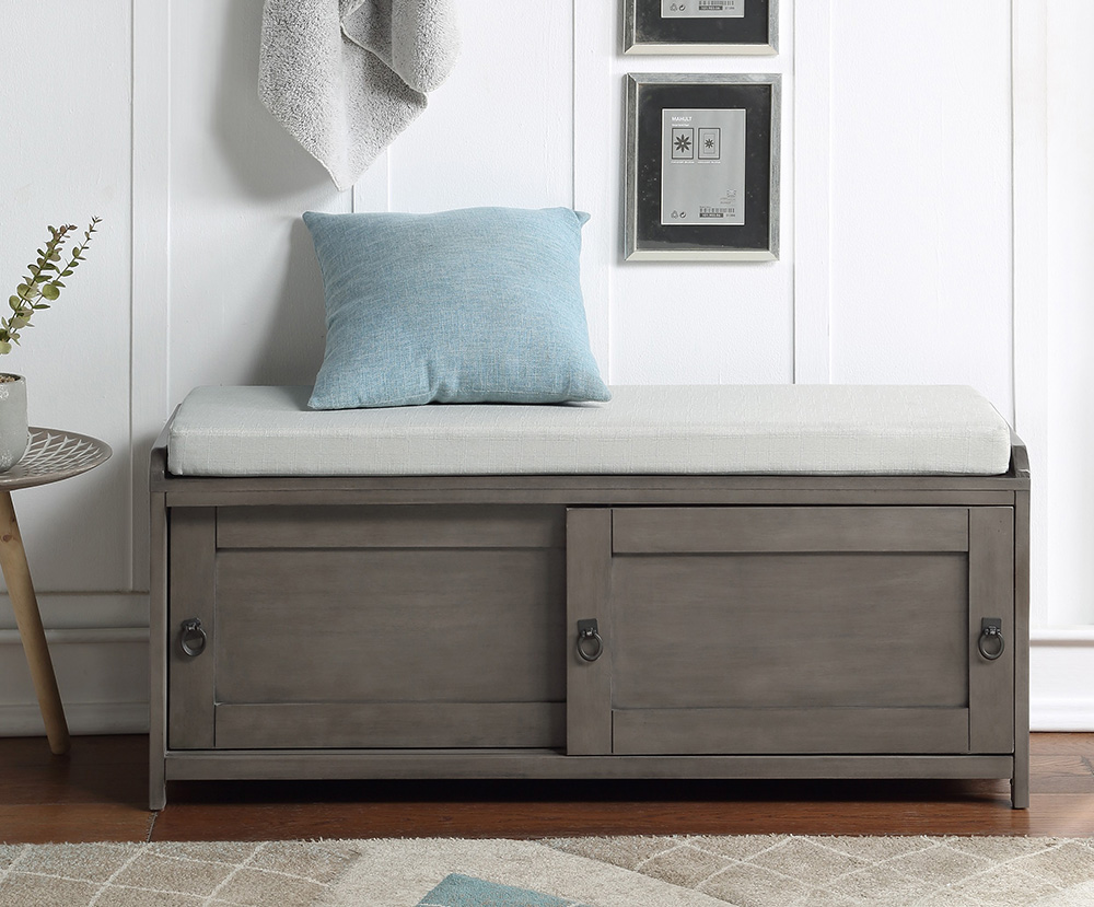 U-STYLE 46.8" Storage Bench with 2 Cabinets, and Wooden Frame, for Entrance, Hallway, Bedroom, Living Room - Gray