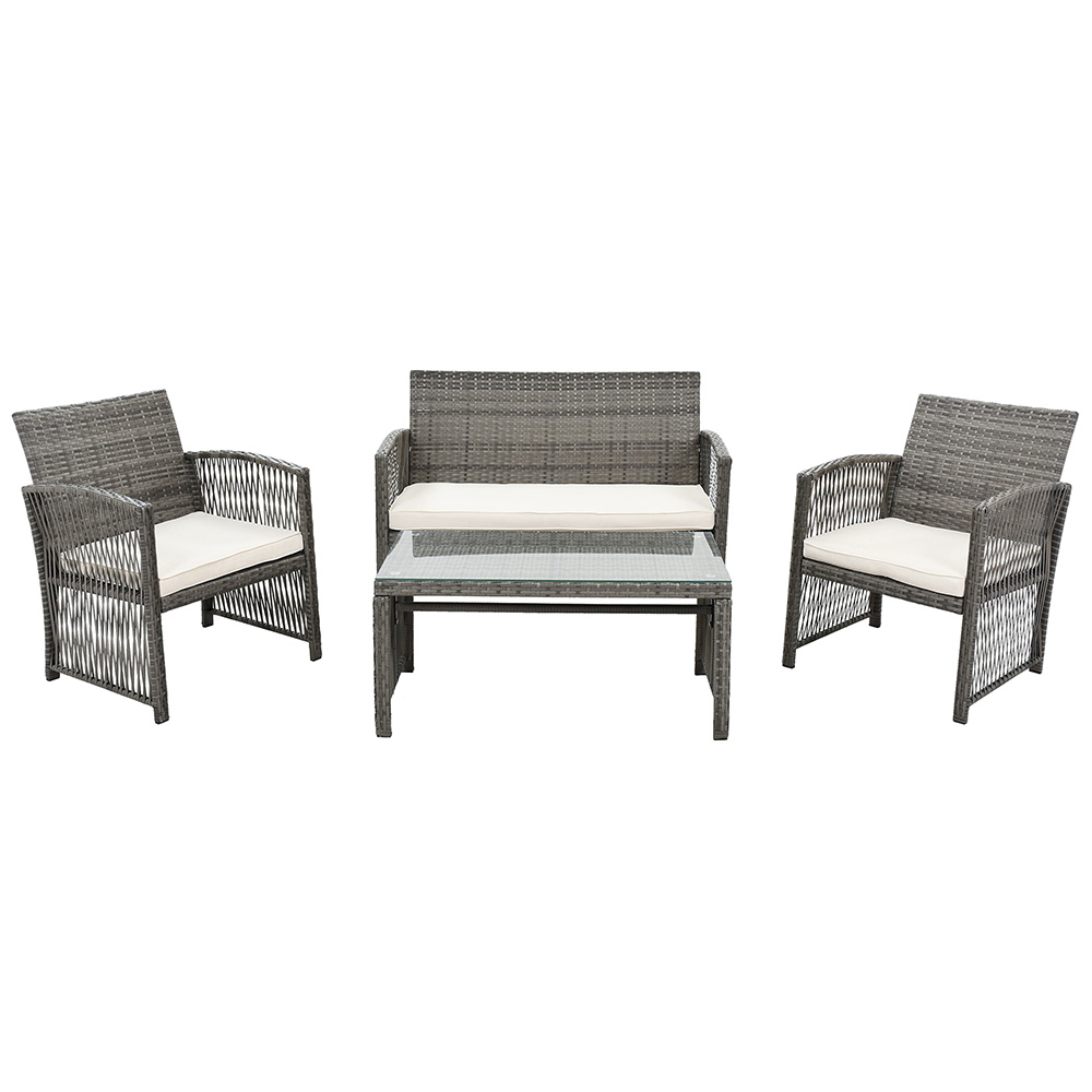 TOPMAX 4 Pieces Outdoor Rattan Furniture Set, Including 2 Armchairs, Loveseat, Tempered Glass Coffee Table, and 3 Cushions, for Garden, Terrace, Porch, Poolside - Gray