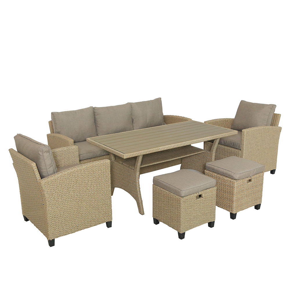 6 Pieces Outdoor Rattan Furniture Set, Including 2 Armchairs, 3-seat Sofa, Coffee Table, and 2 Stools, for Garden, Terrace, Porch, Poolside - Brown