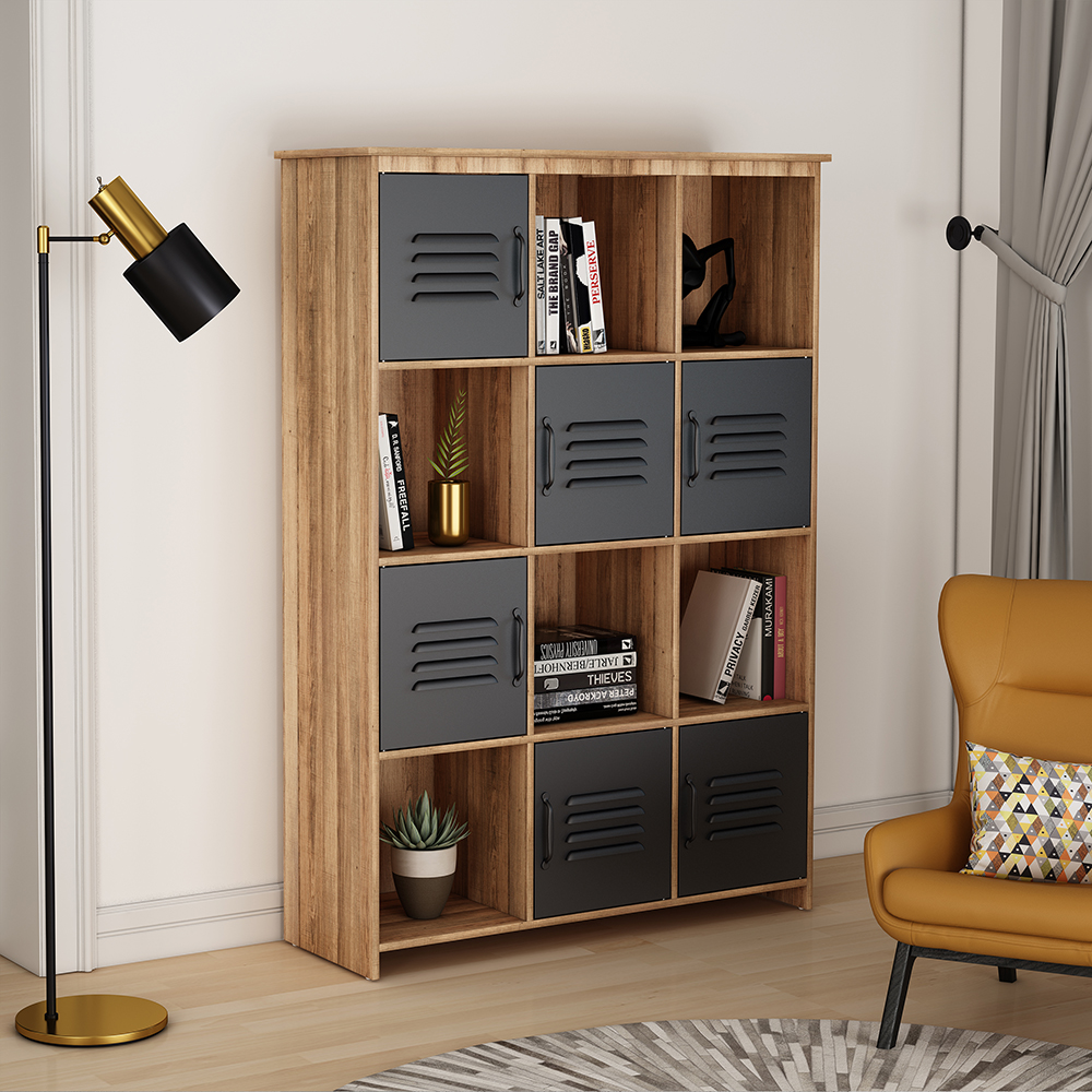 42.91" 12-Compartment Design MDF Bookcase with 6 Storage Cabinets and 6 Open Shelves, for Living Room, Bedroom, Office, Hallway - Natural