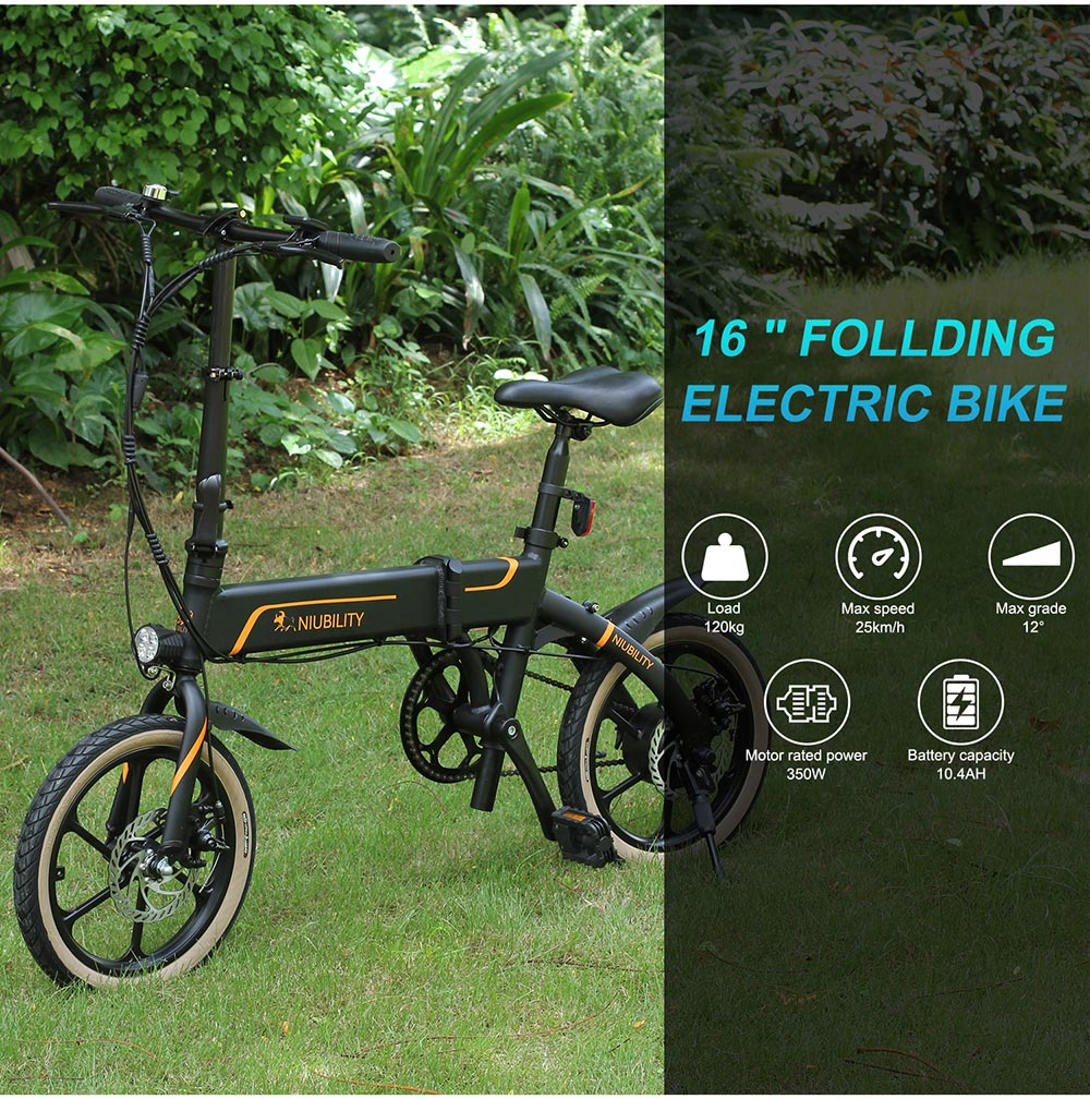 NIUBILITY B16 Electric Moped Folding Bike 16 inch 42V 10.4Ah Battery 40km -50km Mileage 350W Motor Max 25km/h  Double Disc Brake Variable Speed System LED Light - Black