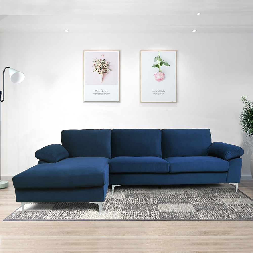 103.5" 3-Seat Velvet Upholstered Sectional Sofa Bed with Wooden Frame and Metal Feet, for Living Room, Bedroom, Office, Apartment - Blue