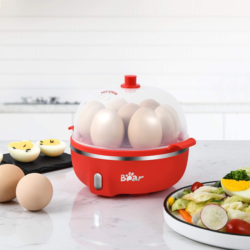 Bear 14 Egg Capacity Hard Boiled Egg Cooker, Dual-layer Steaming Rack Design, One-button Operation, for Dormitory, Office, Apartment - Red