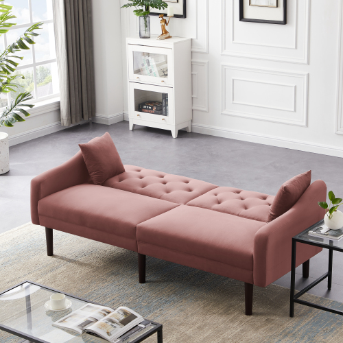 74.8" 2-Seat Velvet Upholstered Sofa Bed with 2 Pillows, and Wooden Frame, for Living Room, Bedroom, Office, Apartment - Pink