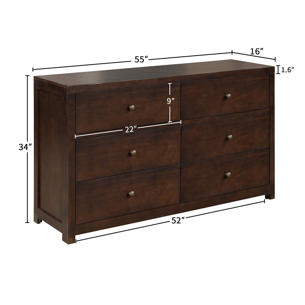 55" Solid Wood Dresser with 6 Drawers, for Bedroom, Living Room, Entrance - Brown