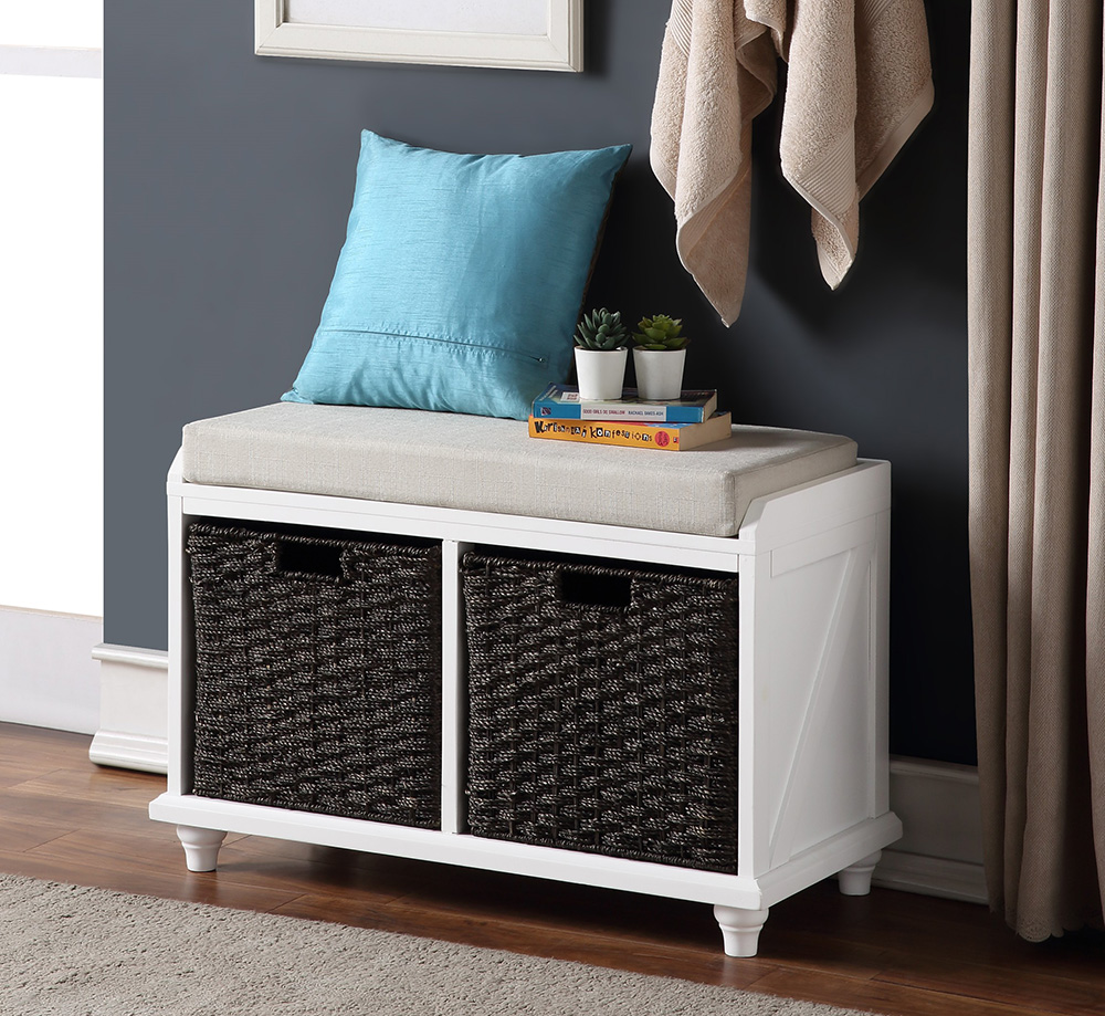 U-STYLE 31.5" Storage Bench with 2 Woven Baskets, and Wooden Frame, for Entrance, Hallway, Bedroom, Living Room - White