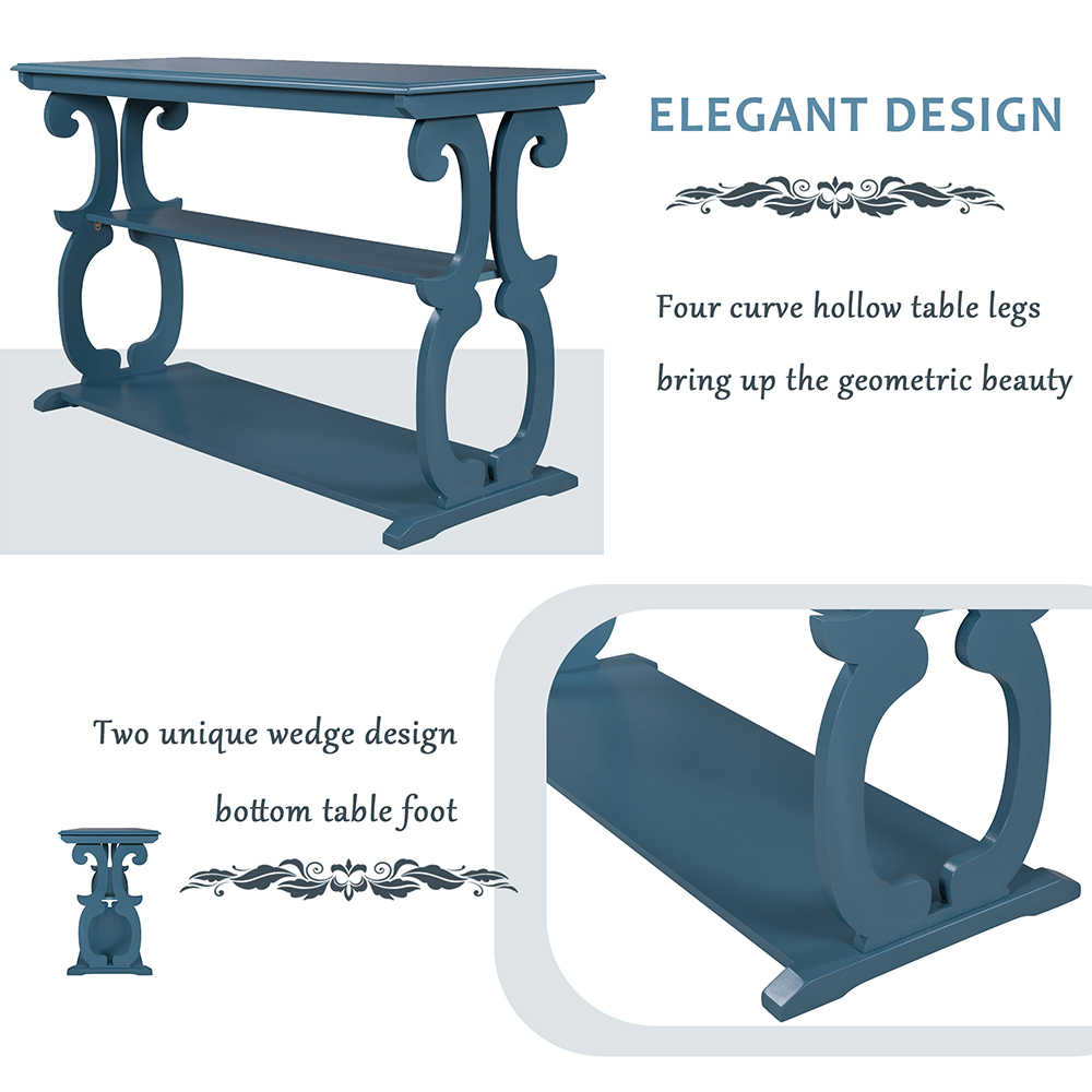 TREXM 48" Vintage Carved Design  Wooden Console Table with 3-Layer Open Storage Shelf, for Entrance, Hallway, Dining Room, Kitchen - Navy