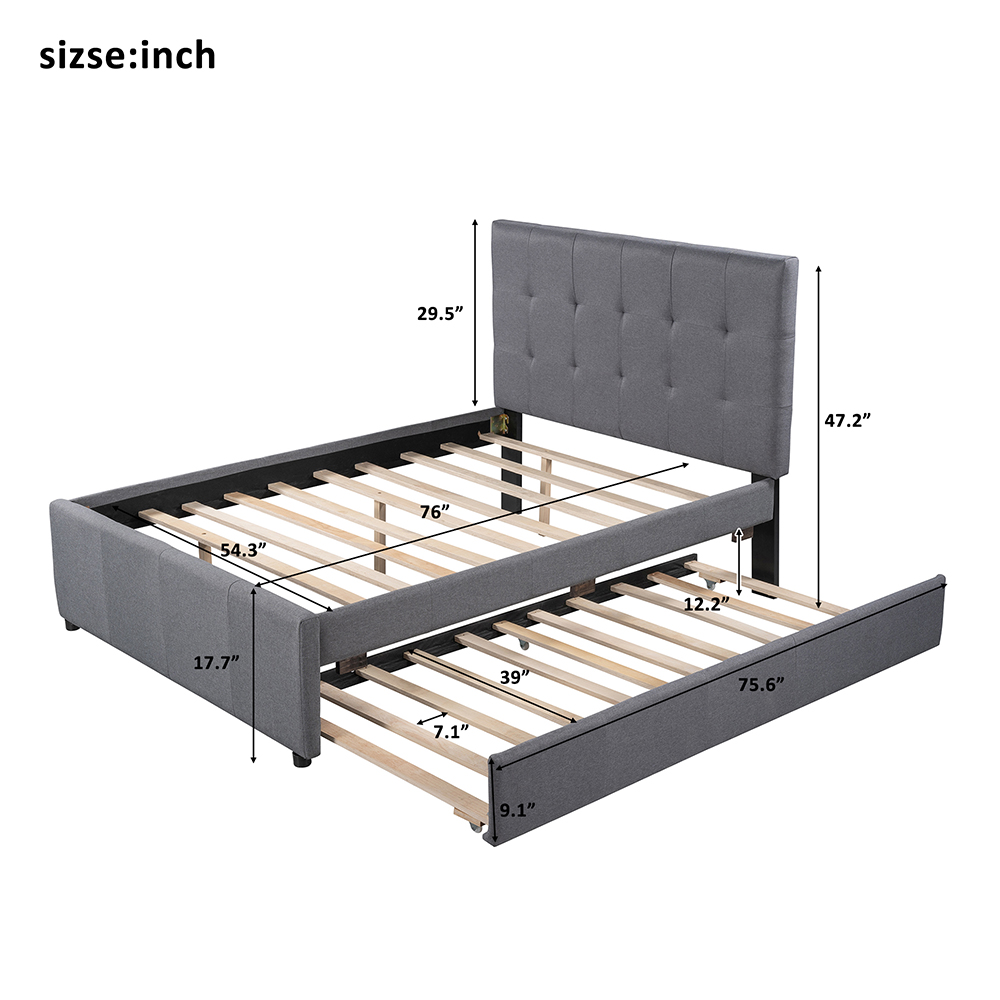 Full-Size Linen Upholstered Platform Bed Frame with Trundle Bed, Headboard, and Wooden Slats Support, No Box Spring Needed (Only Frame) - Gray