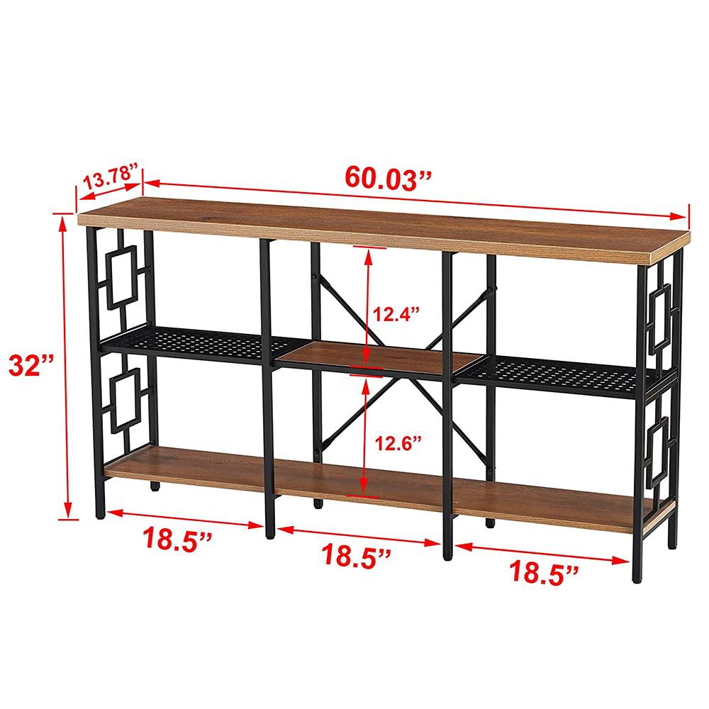 60" Industrial Vintage Console Table with 3-Layer Storage Shelf, for Entrance, Hallway, Dining Room, Kitchen - Brown