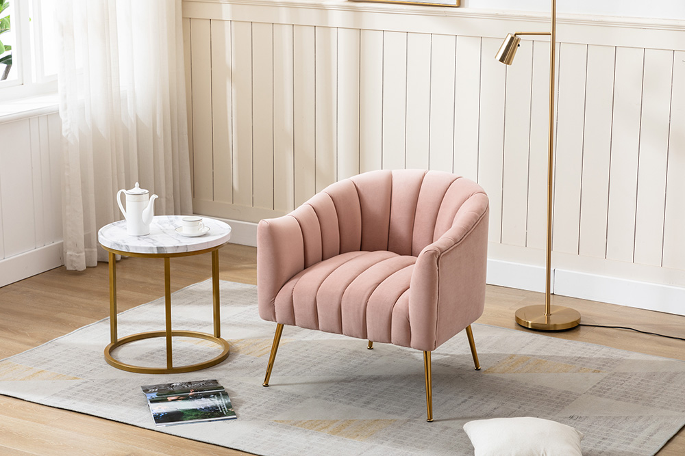 28" Velvet Tufted Upholstered Chair with Curved Backrest and Metal Legs, for Living Room, Bedroom, Dining Room, Office - Pink