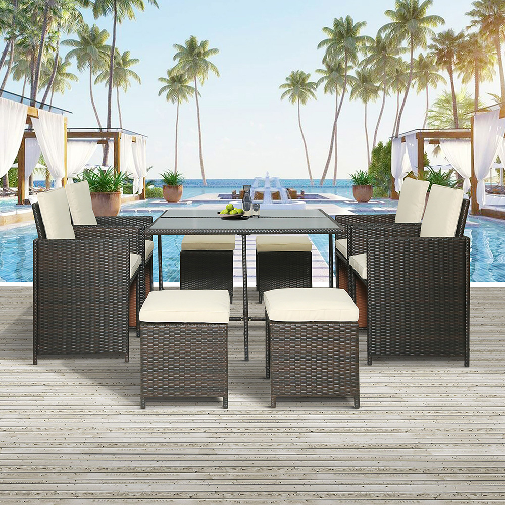 TOPMAX 9 Pieces Outdoor Rattan Furniture Set, Including 4 Armchairs, Coffee Table, and 4 Stools, for Garden, Terrace, Porch, Poolside - Brown + Beige
