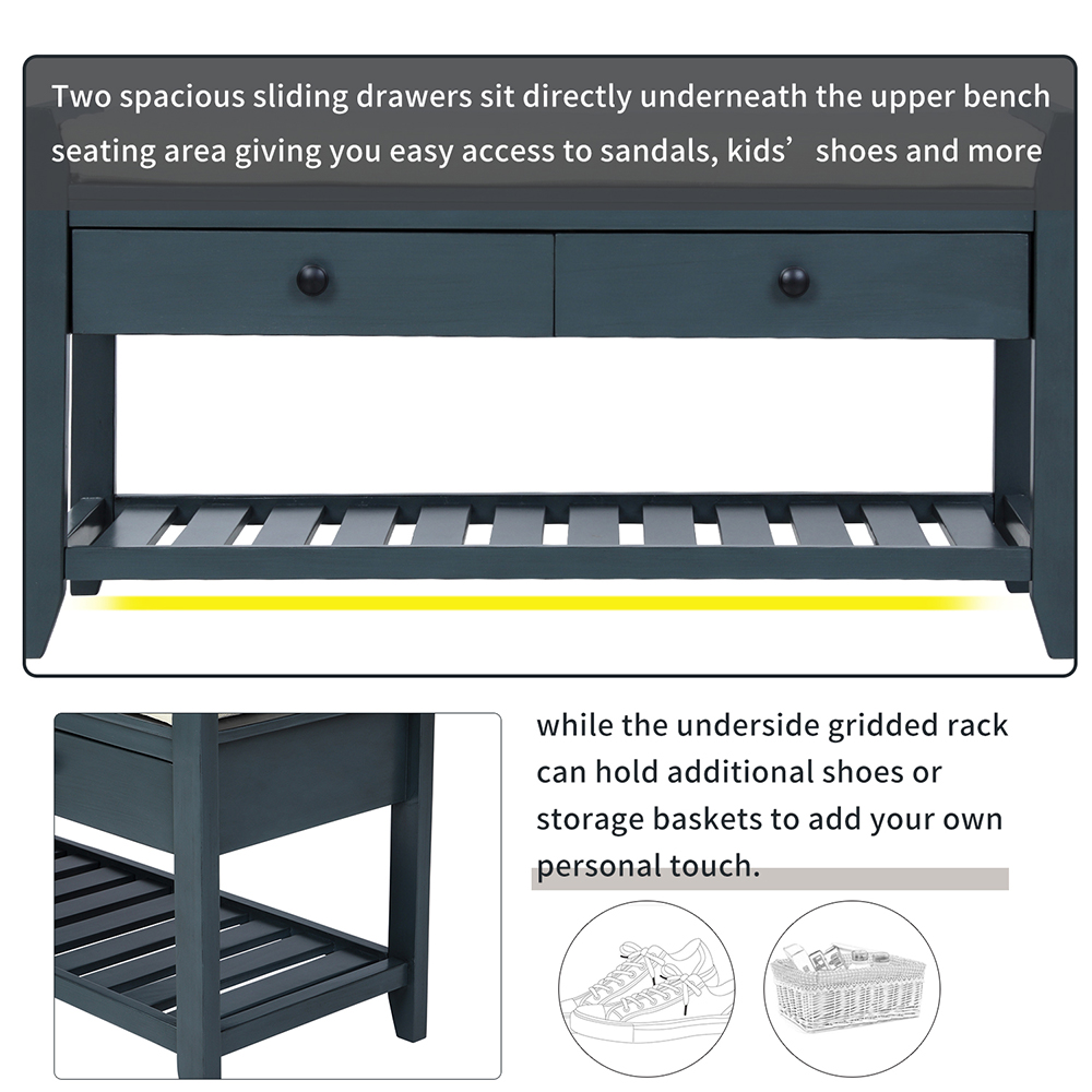 TREXM 39'' Console Bench with 2 Storage Drawers and Mesh Shoe Shelf, for Entrance Hallway, Dining Room, Bedroom - Antique Navy