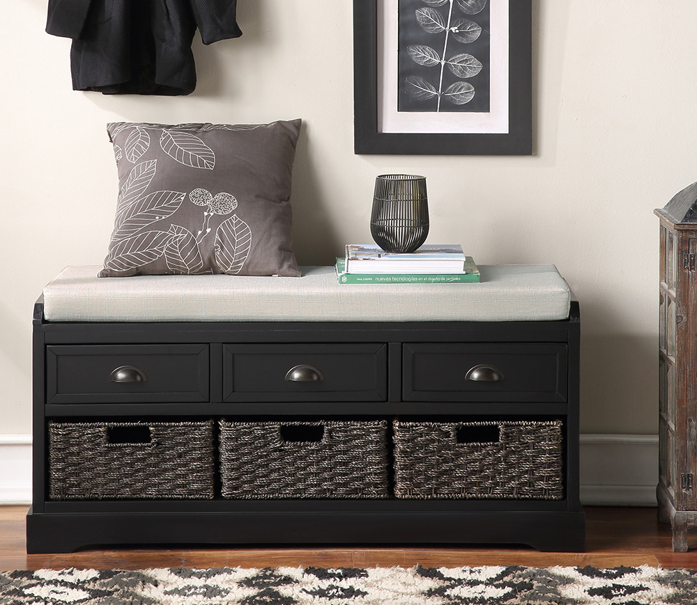 U-STYLE 44" Storage Bench with 3 Drawers, 3 Baskets, and Wooden Frame, for Entrance, Hallway, Bedroom, Living Room - Black