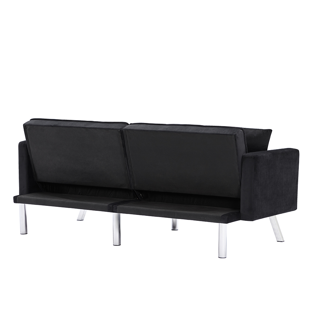 74.8" Velvet Upholstered Sofa Bed with 2 Pillows, Tufted Backrest, and Metal Legs, for Living Room, Bedroom, Office, Apartment - Black