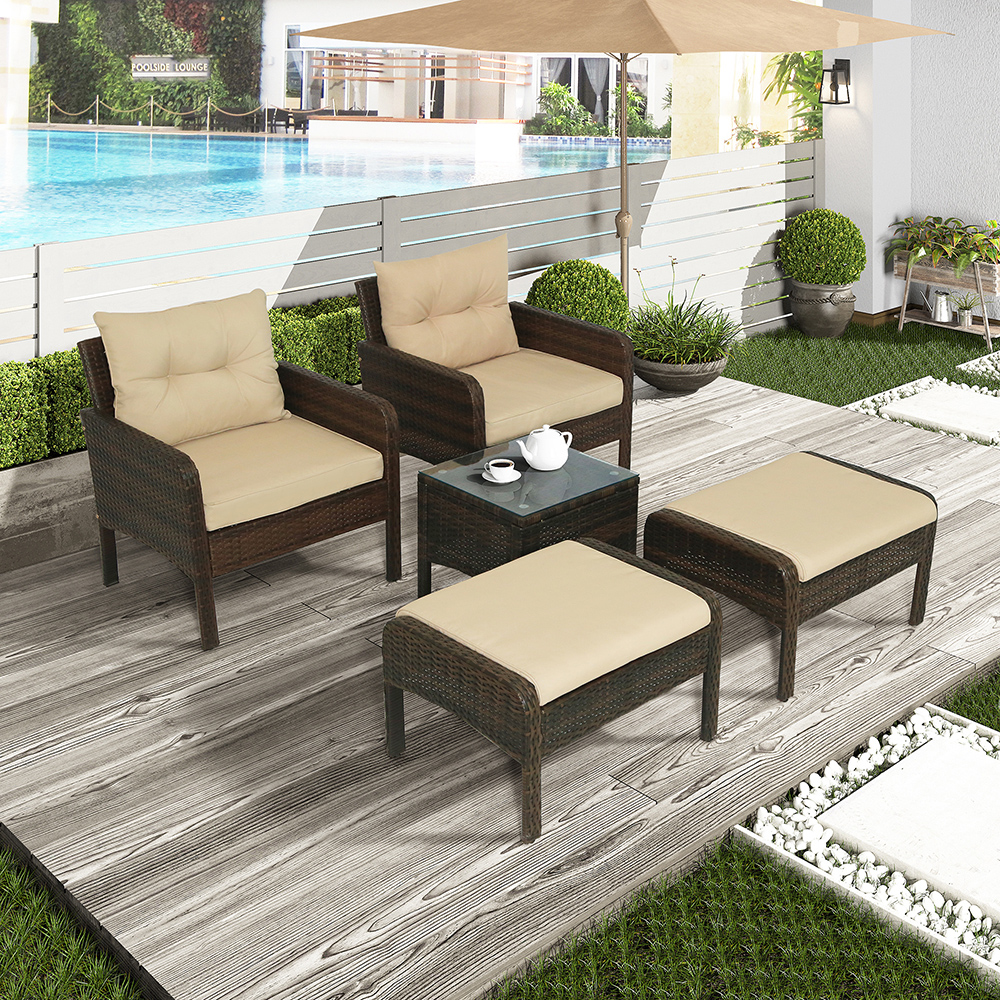 TOPMAX 5 Pieces Outdoor Wooden Furniture Set, Including 2 Chairs, 2 Ottomans, and Coffee Table, for Garden, Terrace, Porch, Poolside - Brown